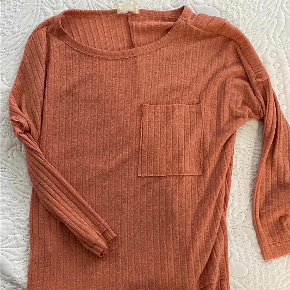 Rust Ribbed Long Sleeve Top with Pocket